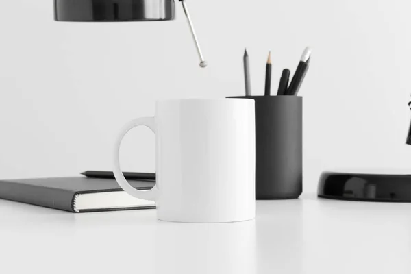 White Mug Mockup Lamp Notebook Workspace Accessories White Table — Stock Photo, Image