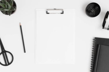 Beyaz bir masa üzerinde sulu bir bitki ve çalışma alanı aksesuarları olan beyaz bir pano modelinin üst görünümü.