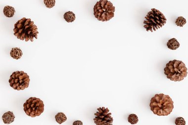 Beyaz bir masada çam kozalakları. Boş kopya alanı ile düz yatıyordu.