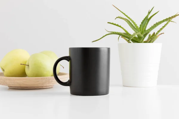 Black Mug Mockup Apples Aloe Vera Plant White Table — Stock Photo, Image