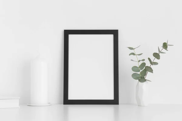 Mockup Quadro Preto Com Acessórios Espaço Trabalho Eucalipto Vaso Uma — Fotografia de Stock