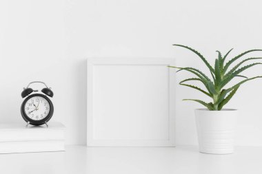 Beyaz kare çerçeve modeli bir tencerede aloe vera ve beyaz bir masada çalışma alanı aksesuarları.