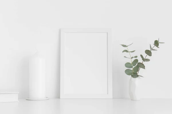 White Frame Mockup Workspace Accessories Eucalyptus Vase White Table Portrait — Stock Photo, Image