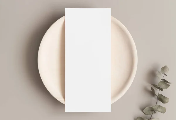 Menu Card Mockup Eucalyptus Branch Plate 4X9 Ratio — Stock Photo, Image