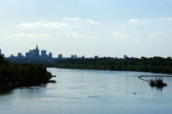 Vistule Pologne Coucher Soleil Sur Rivière Dans Panorama Ville Capitale — Photo