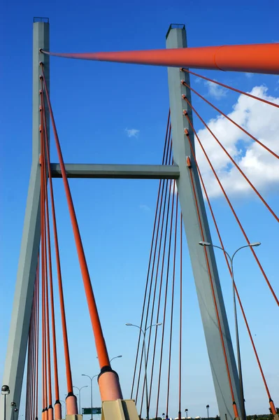 Pont Construction Pont Avec Pylônes Varsovie Ciel Bleu — Photo