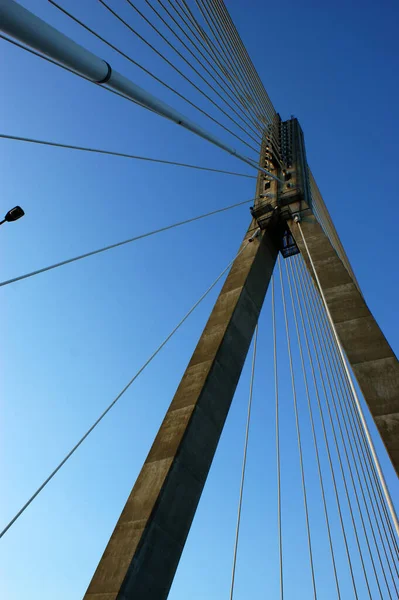 Brückenbau Der Brücke Mit Pylonen Warschauer Blauer Himmel — Stockfoto