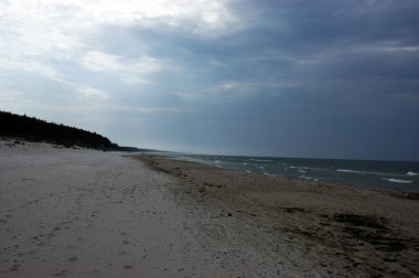 Polonya Baltık Denizi güzel mavi deniz dalgaları okyanus ufku kum ve kumsal mavi gökyüzü