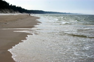 Polonya Baltık Denizi güzel mavi deniz dalgaları okyanus ufku kum ve kumsal mavi gökyüzü