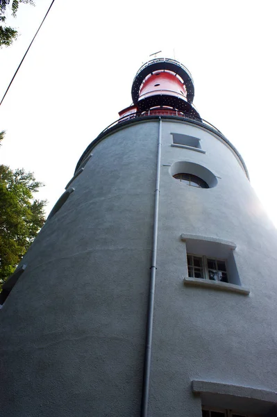 White Lighthouse Poland Blue Sky Windows Row — Stock Photo, Image