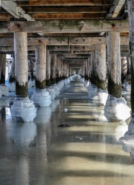 Köprünün altındaki donmuş deniz suyu. İskele topları sırayla direkler.