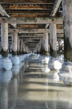 Köprünün altındaki donmuş deniz suyu. İskele topları sırayla direkler.