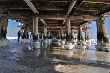 Köprünün altındaki donmuş deniz suyu. İskele topları sırayla direkler.