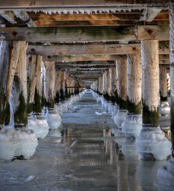 Köprünün altındaki donmuş deniz suyu. İskele topları sırayla direkler.