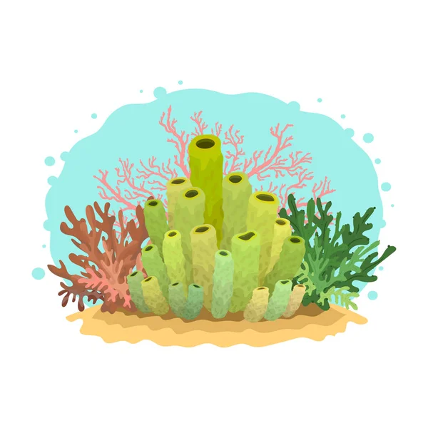 Cena de desenhos animados subaquáticos com corais e algas . — Vetor de Stock