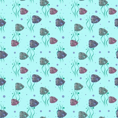 Tropikal egzotik balıkların deniz yosunlarıyla farklı renklerde kusursuz desenleri var..