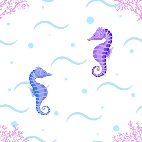 Seamless Pattern Seahorses Corals Underwater Vector Illustration White Background — Stock Vector