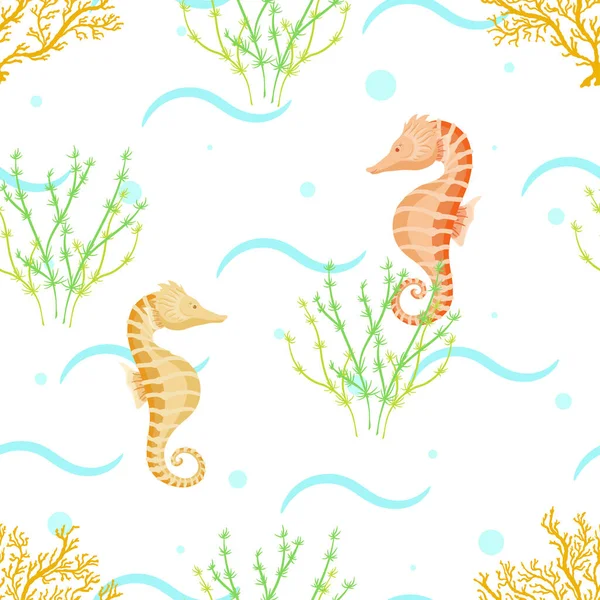 Modèle Sans Couture Avec Hippocampes Coraux Algues Illustration Sous Marine — Image vectorielle