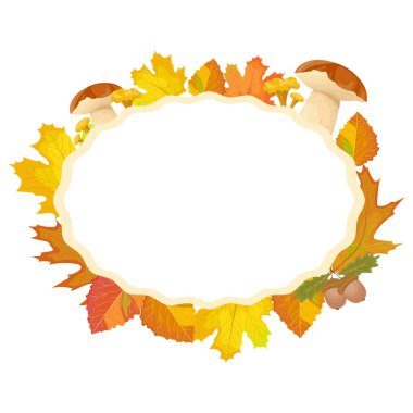 Yapraklar, mantarlar ve meşe palamutlarıyla süslenmiş sonbahar çerçevesi. Tebrik kartı, poster, broşür, web pankartı için tasarım.