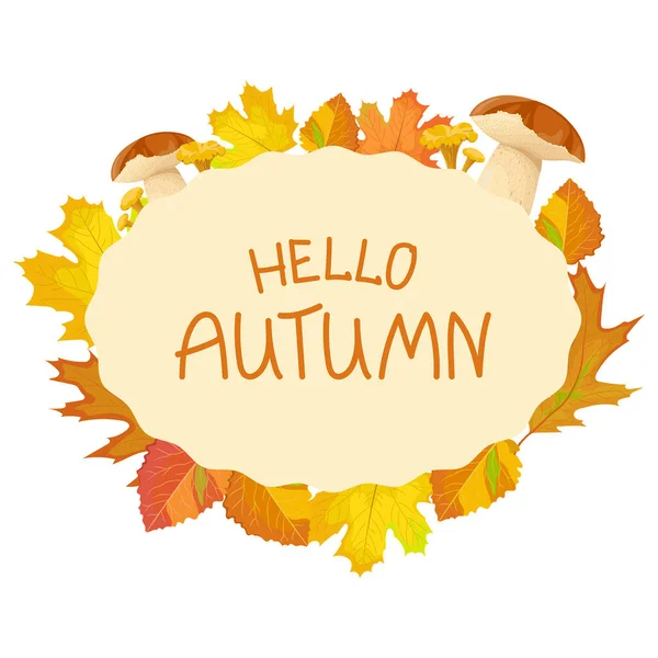 キノコで飾られたフレームでこんにちは秋の手レタリングテキスト グリーティングカード ポスター チラシ ウェブバナーのデザイン — ストックベクタ