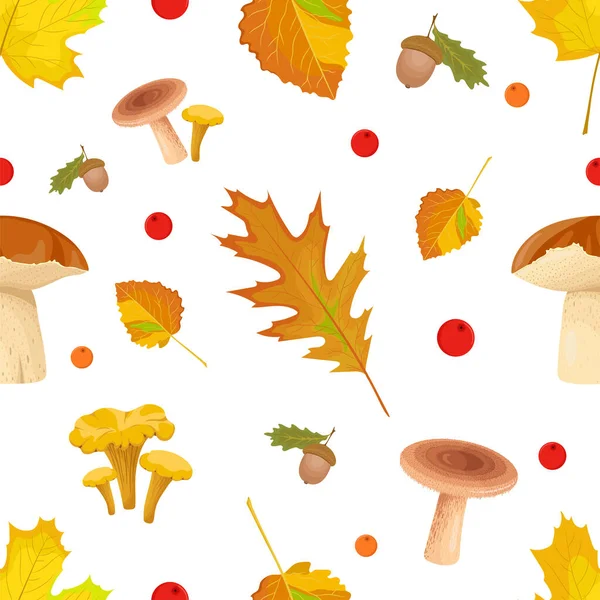 Autumn Forest Seamless Pattern Edible Mushrooms Leaves Berries Acorns 바탕에 — 스톡 벡터