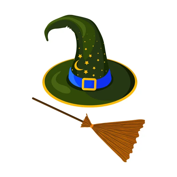 Ilustración Sombrero Halloween Estilo Plano Con Decoración Luna Estrellas Sombrero — Vector de stock