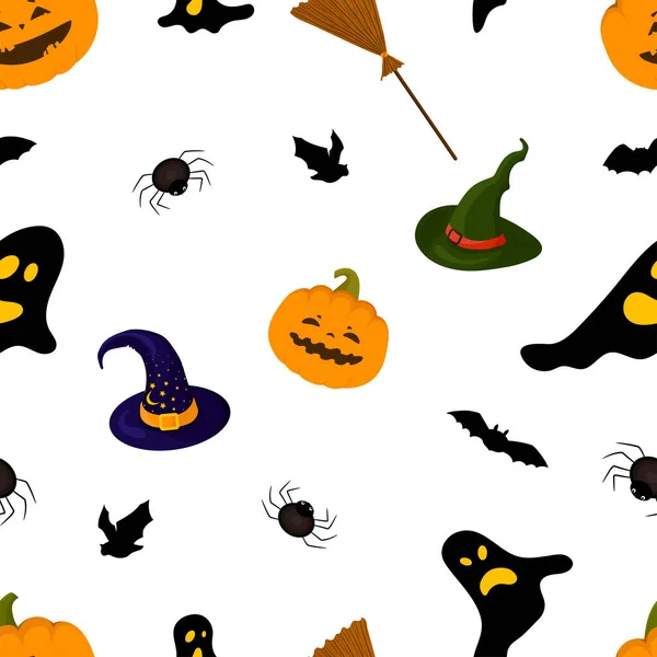 Nahtloses Muster mit Halloween-Symbolen auf weißem Hintergrund — Stockvektor