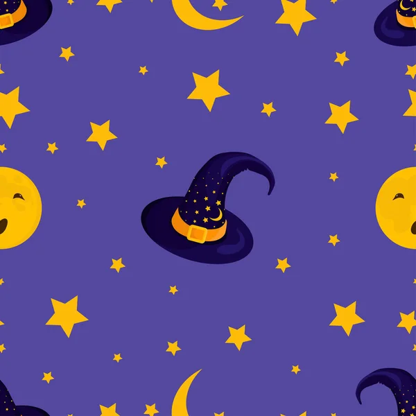 Płynny wzór z kapeluszami, księżycem i gwiazdami na fioletowym tle — Wektor stockowy