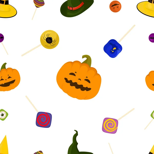 Símbolos Halloween Patrón Sin Costuras Con Calabazas Sombreros Dulces Adorno — Archivo Imágenes Vectoriales