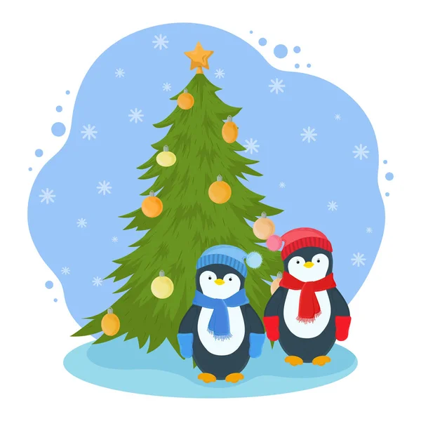 新年の漫画のイラスト 2羽のペンギンとボールを持つクリスマスツリーと面白いシーン — ストックベクタ