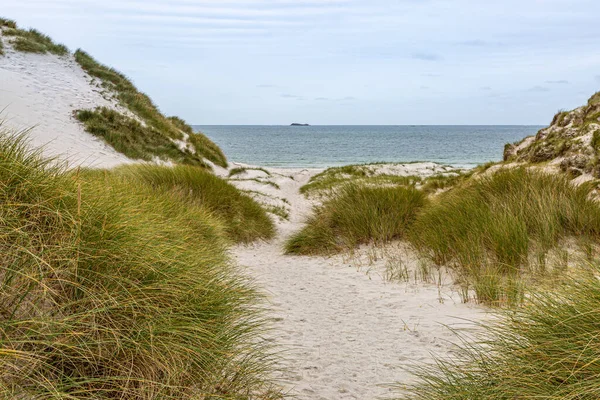 Looking through marram grass covered sand dunes towards the sea, on the Hebridean island of Berneray