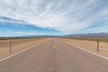 Nevada çölünde uzun, düz bir yola bakıyorum.