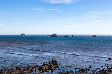 Oregon sahillerinde kayalık oluşumlar, güneşli bir yaz gününde