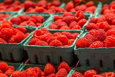 Bir pazarda satılık ahududu gösterisi.