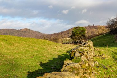 Güneşli bir kış gününde Göl Bölgesi 'nde Taş Duvar.