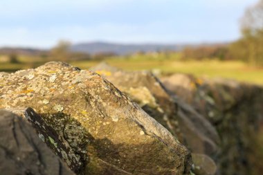 Göl Bölgesi 'ndeki bir taş duvarın yakın plan fotoğrafı, sığ bir alan derinliği ile çekilmiş..