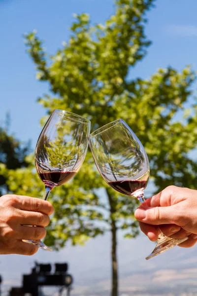 Two Wine Glasses Being Clinked Together — Stock Photo, Image
