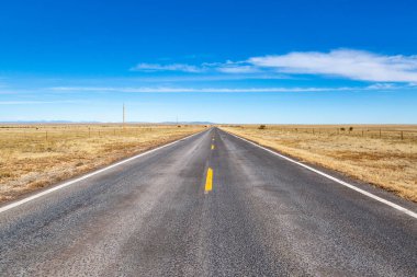 New Mexico kırsalında, üzerinde mavi gökyüzü olan uzun, düz bir yol.