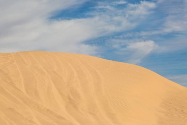İmparatorluk Kum Kumulları Dinlenme Bölgesi 'nde bir kum tepesi, üzerinde mavi bir gökyüzü var.