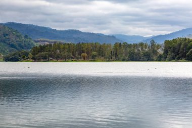 Kosta Rika 'daki Cachi Gölü üzerinde ağaçlara ve dağlara bakan bir manzara.