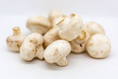 Beyaz arka planda pişirilmemiş mantarlar, sığ bir alan derinliği var.