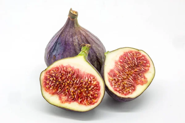 Two Figs One Cut Half Show Seeds White Background — Stock Photo, Image