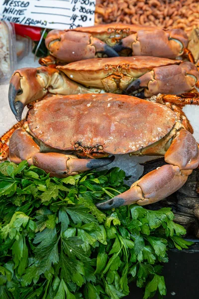Whole crab for sale on a market stall, with a shallow depth of field