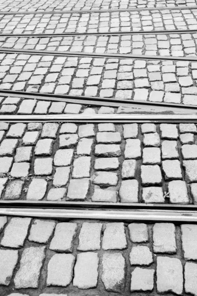 Linie Tramwajowe Cobbled Street — Zdjęcie stockowe