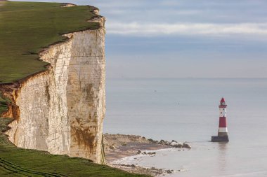 Beachy Head deniz fenerine ve Sussex sahilindeki tebeşir kayalıklarına bakıyorum.