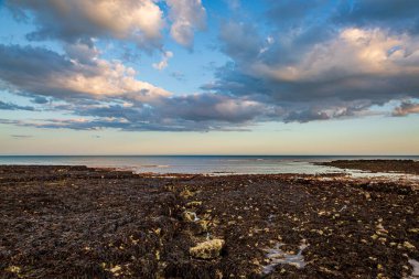 Hope Gap 'teki gelgit sırasında akşam ışığı altında kaya havuzları.