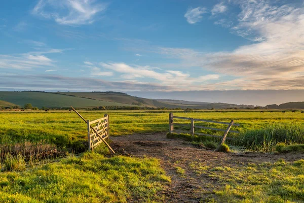 A morning view of an open gate and green fields, in the South Downs in Sussex