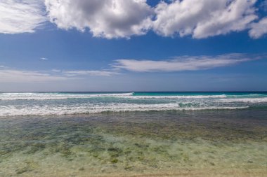 Barbados adasındaki bir plajdan okyanusa bakıyorum.