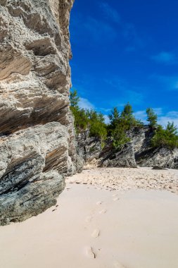 Bermuda, Horseshoe Körfezi 'ndeki kayalıklar ve kumlu plaj.
