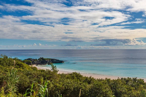 俯瞰百慕大岛上的马蹄湾 前景一片绿叶 — 图库照片